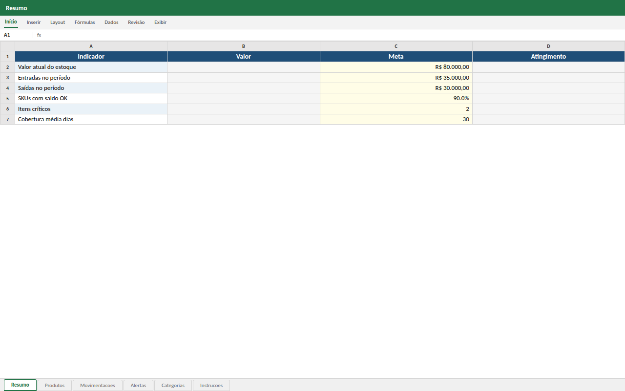 Prévia da planilha Controle Executivo de Estoque — planilha Excel para download