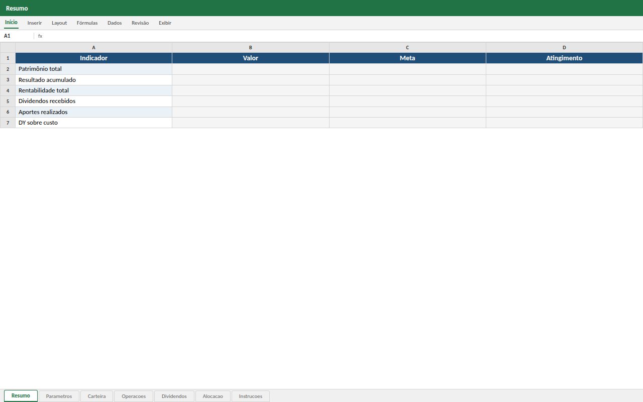 Prévia da planilha Controle Executivo de Investimentos — planilha Excel para download