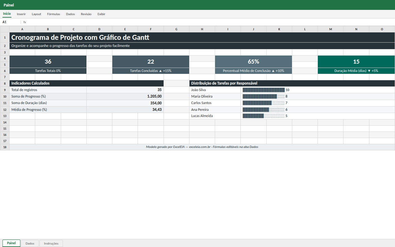 Prévia da planilha Cronograma de Projeto com Gráfico de Gantt — planilha Excel gratuita