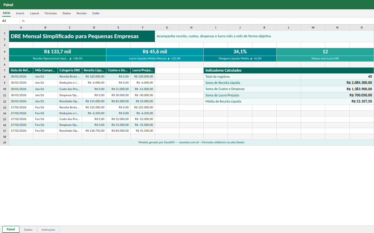 Prévia da planilha DRE Mensal Simplificado para Pequenas Empresas — planilha Excel gratuita