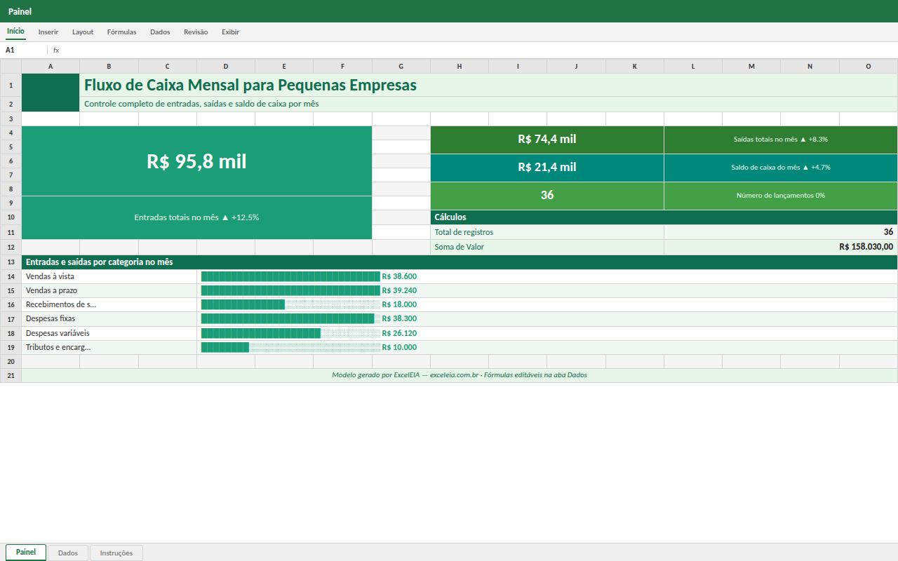 Prévia da planilha Fluxo de Caixa Mensal para Pequenas Empresas — planilha Excel gratuita