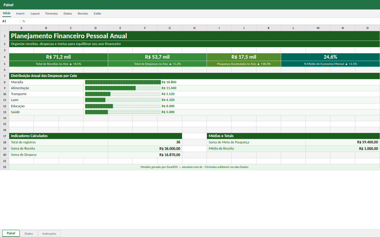 Prévia da planilha Planejamento Financeiro Pessoal Anual — planilha Excel gratuita