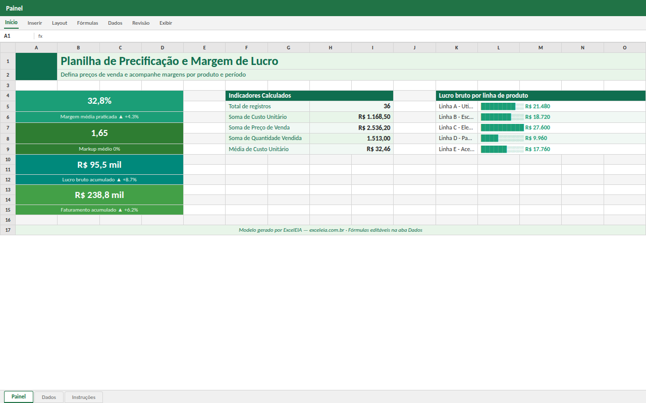 Prévia da planilha Planilha de Precificação e Margem de Lucro — planilha Excel gratuita
