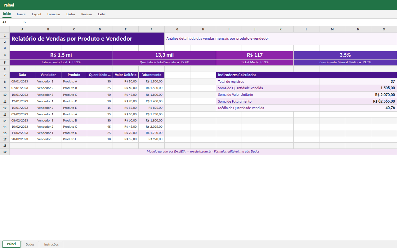 Prévia da planilha Relatório de Vendas por Produto e Vendedor — planilha Excel gratuita
